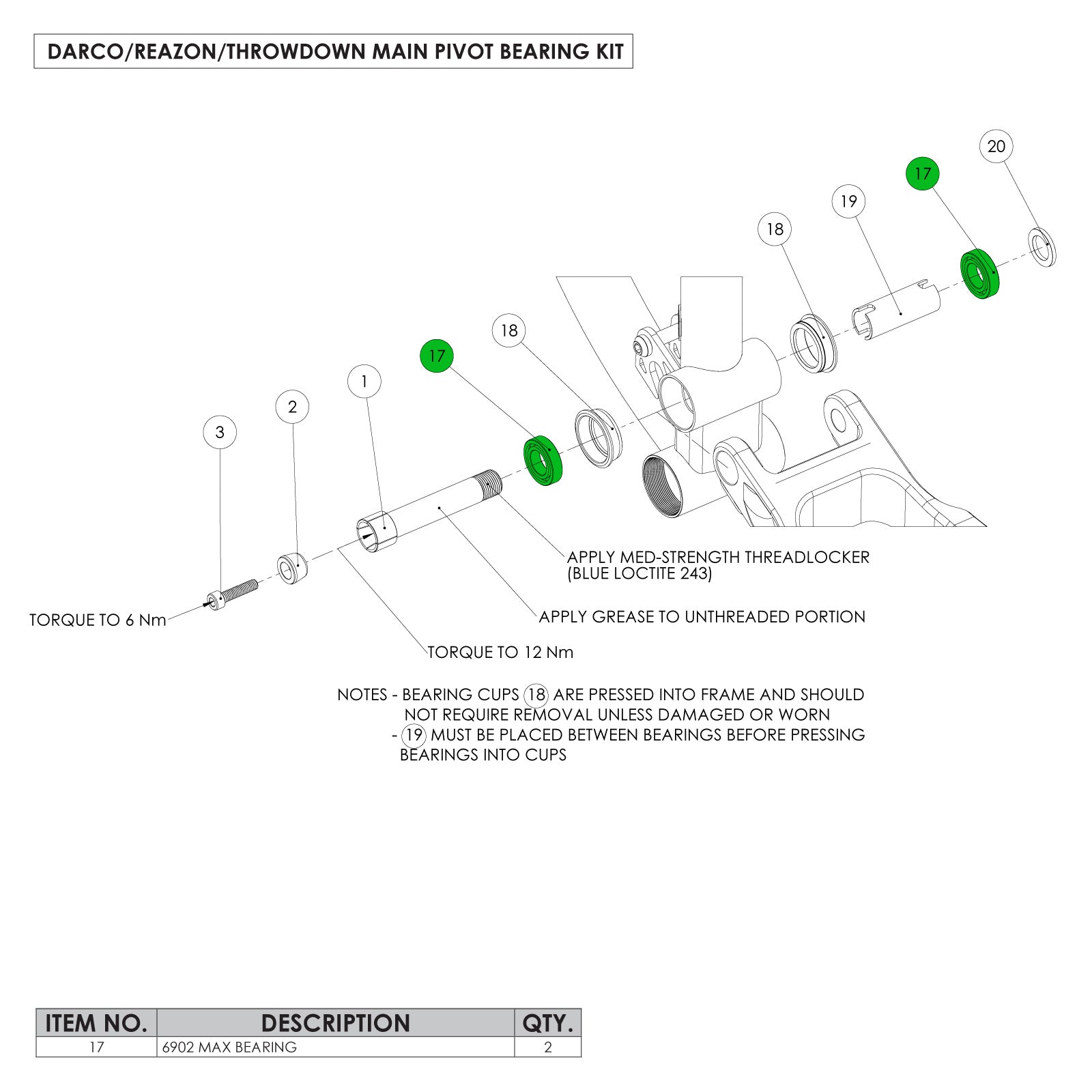 Darco/Reazon Main Pivot Bearing Kit